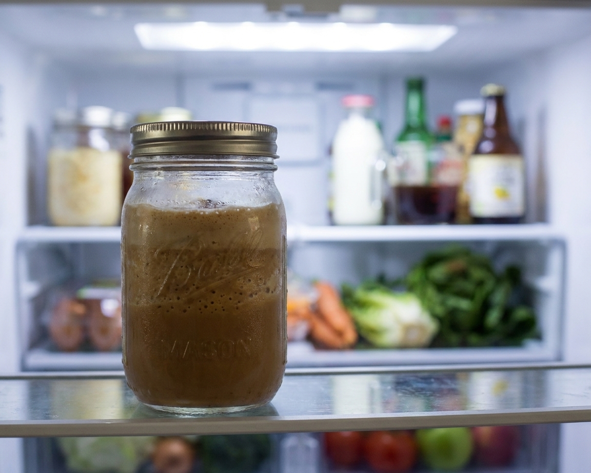 A mason jar of leftover blended coffee drink with a lid, sitting on a refrigerator shelf under soft light