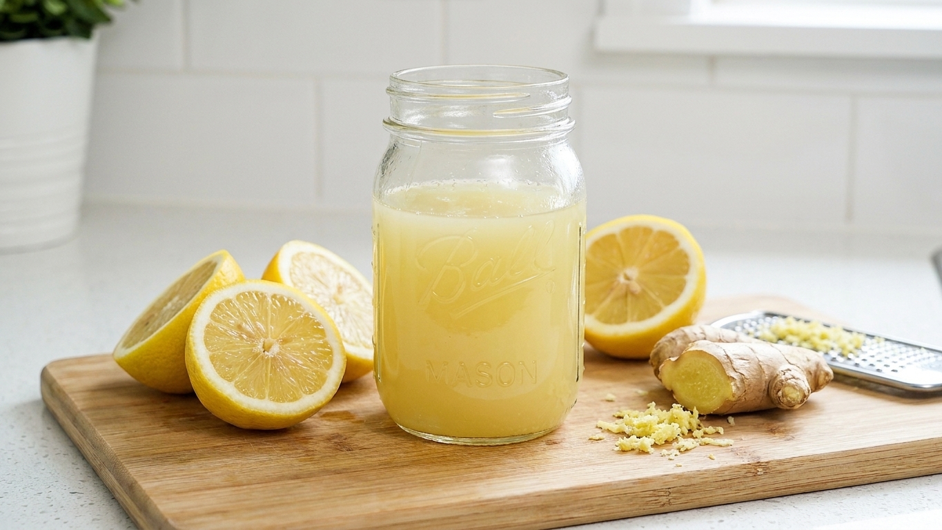 A mason jar of pale yellow lemon ginger juice on a cutting board with fresh lemon halves and a knob of ginger
