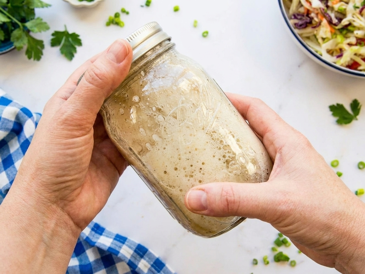 A mason jar of vinegar coleslaw dressing being shaken by hand over a kitchen counter, dressing slightly foamy and well mixed