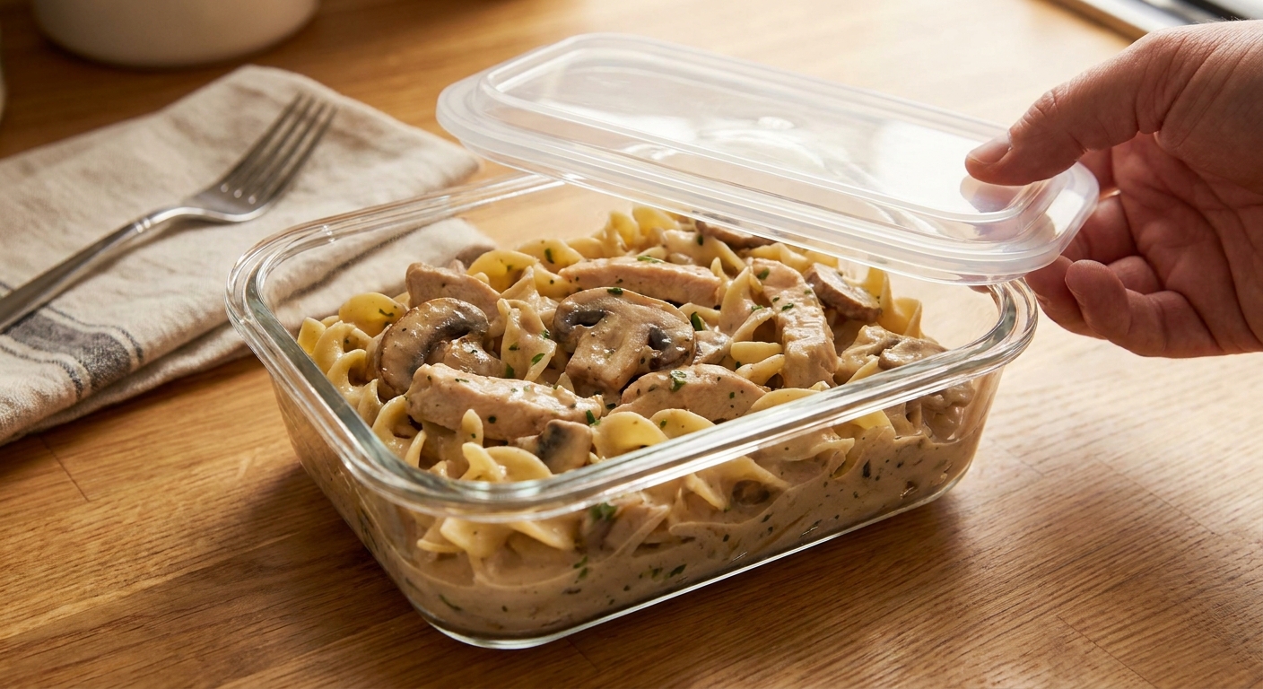 A meal prep container filled with chicken stroganoff and noodles