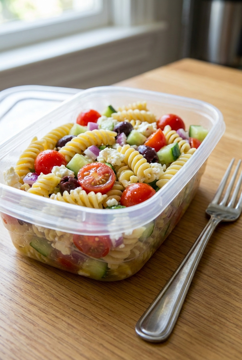 A meal prep container filled with chilled pasta salad and a fork resting beside it