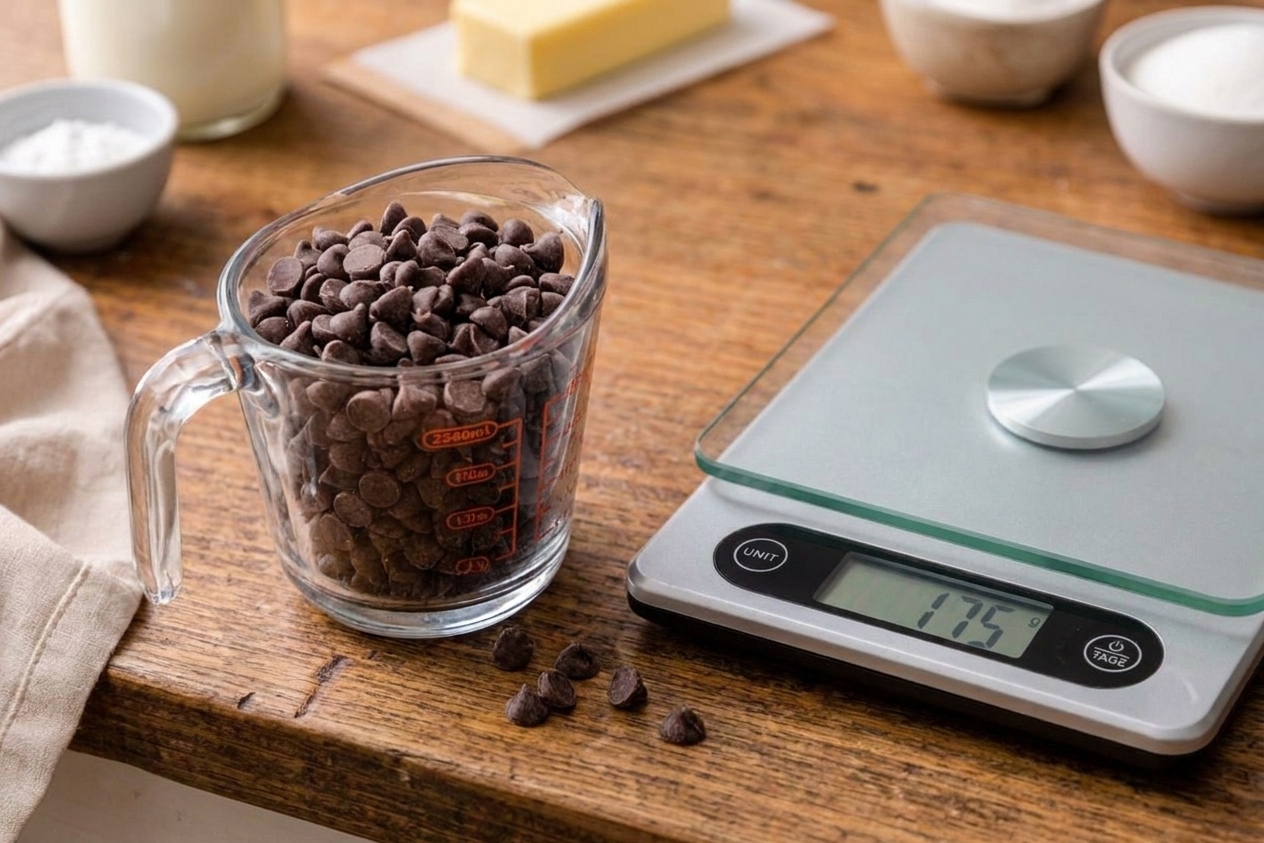 A measuring cup filled with semisweet chocolate chips on a kitchen counter next to a digital scale