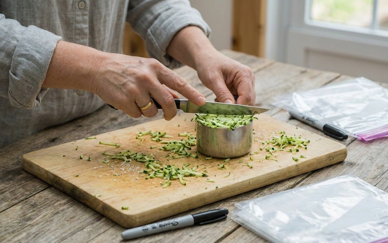 A measuring cup filled with shredded zucchini being leveled off on a kitchen counter, with freezer bags nearby