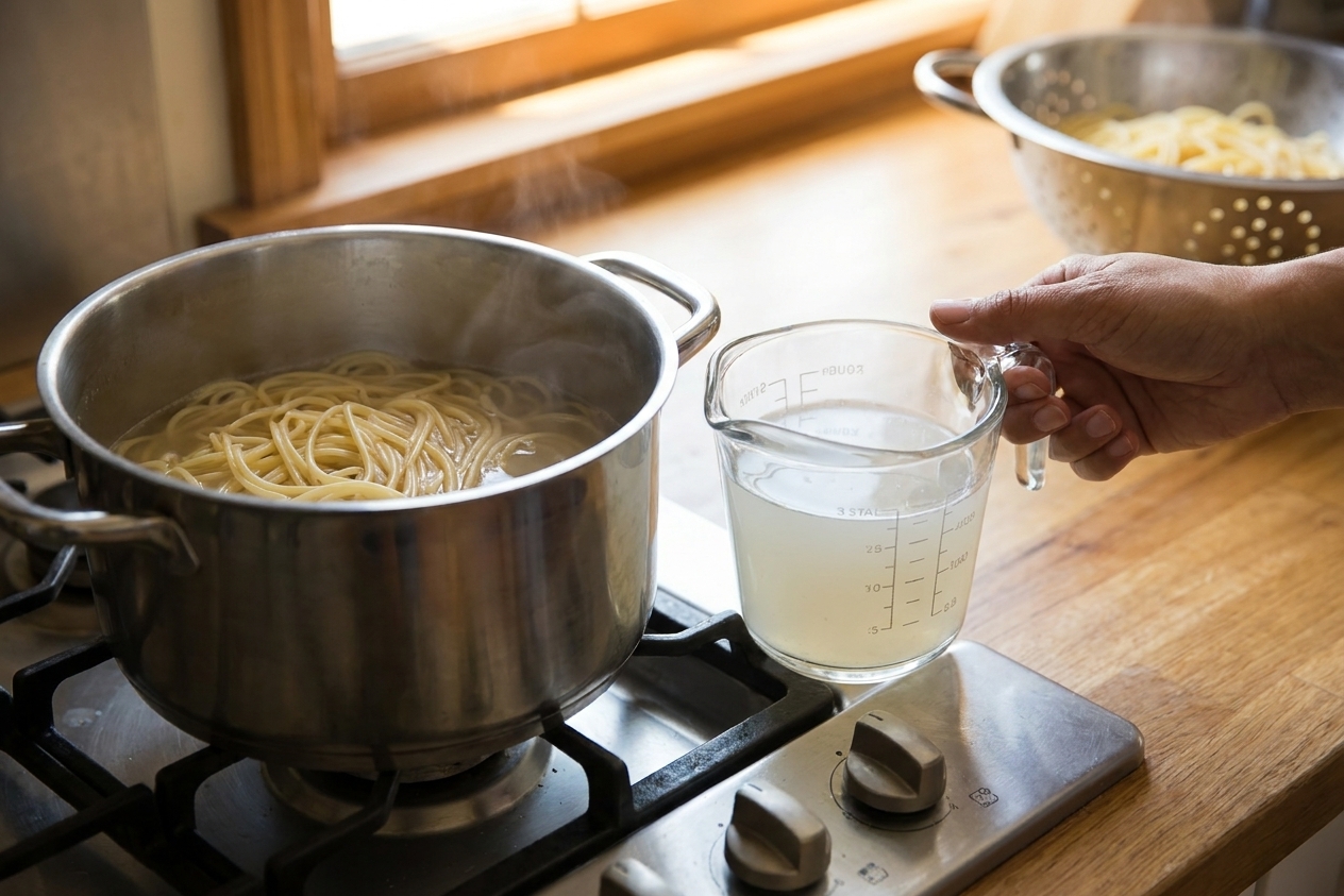 A measuring cup filled with starchy pasta water sitting next to a pot of cooked pasta on a stovetop, ready for finishing sauce
