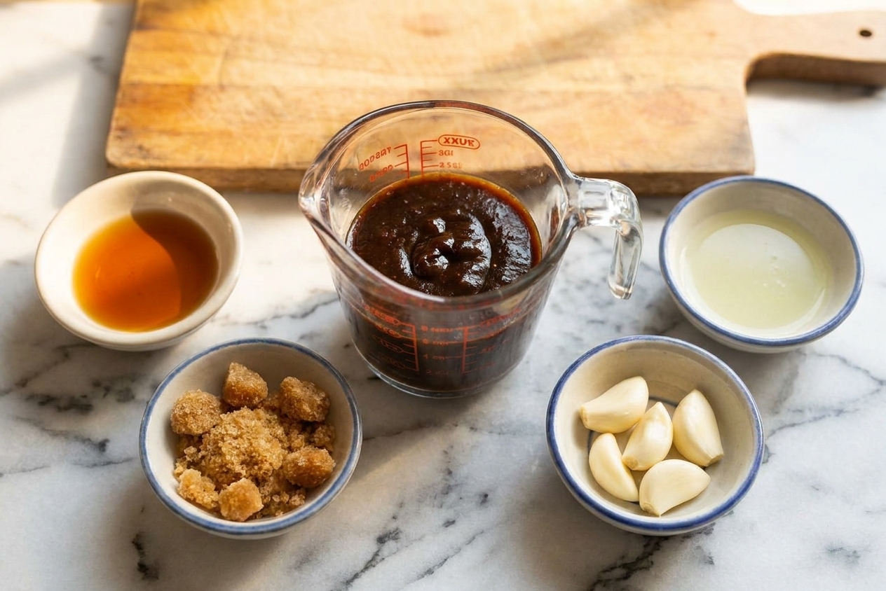 A measuring cup filled with tamarind concentrate on a kitchen counter next to small bowls of fish sauce, brown sugar, garlic, and lime juice