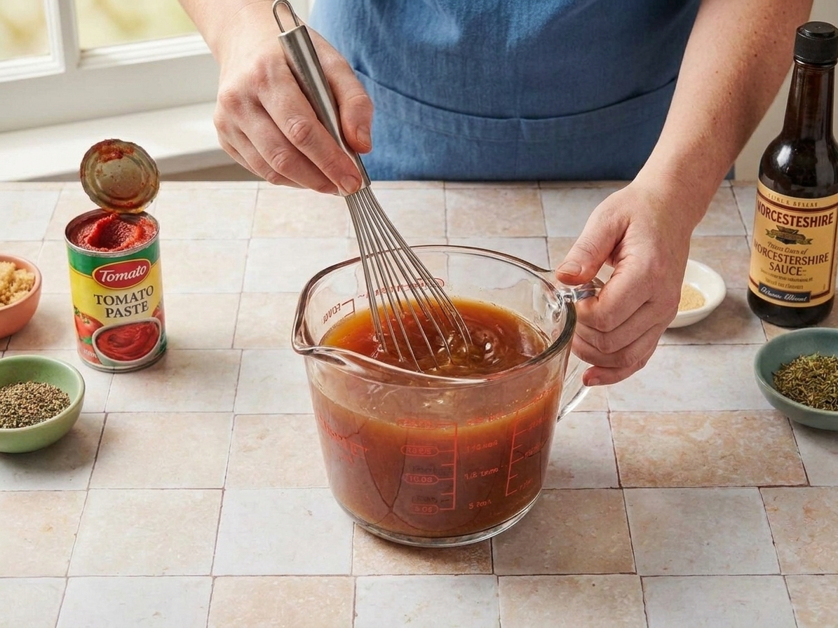 A measuring cup of beef broth and tomato paste being whisked until smooth on a kitchen counter