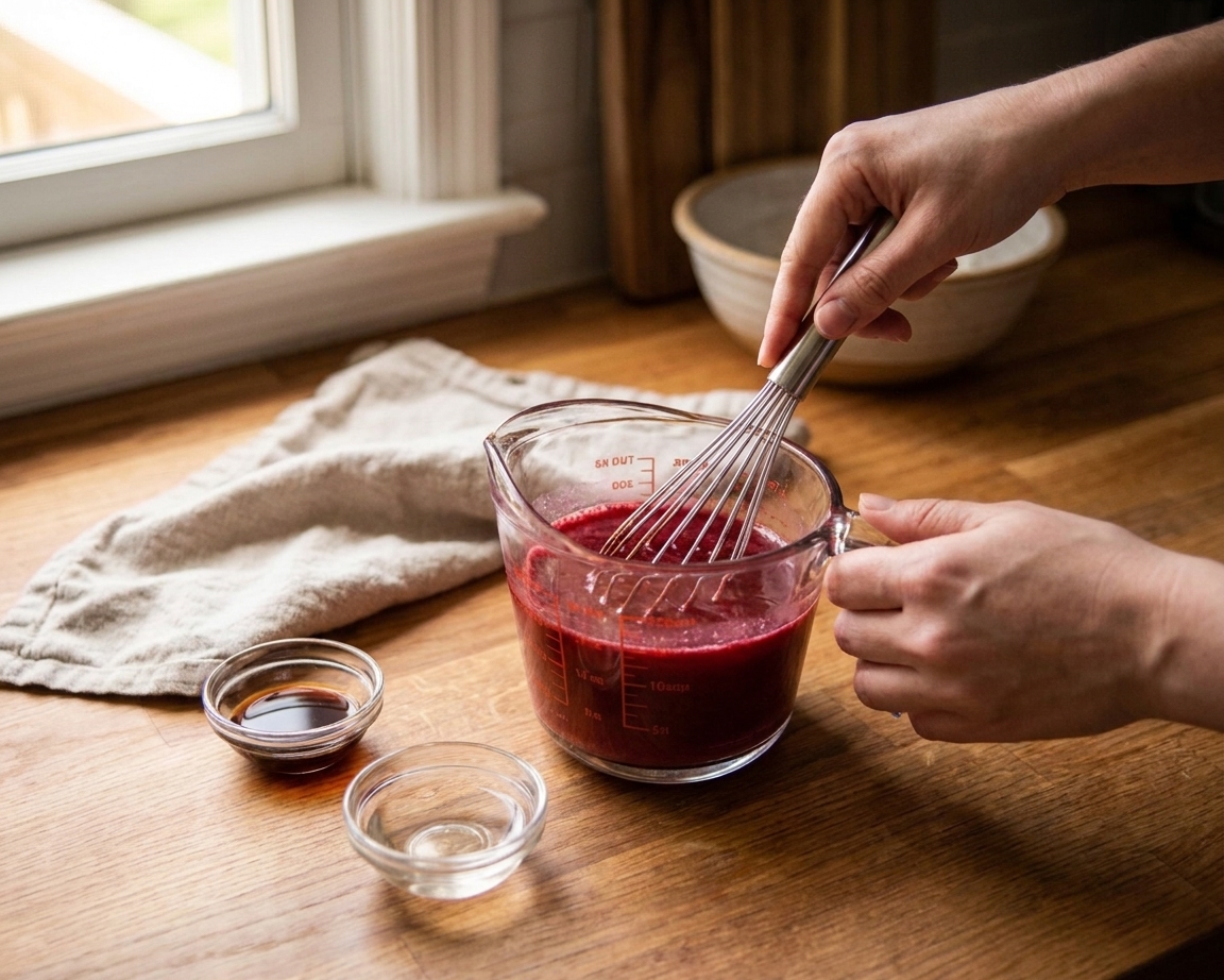 A measuring cup of buttermilk tinted red being whisked with vanilla and vinegar on a kitchen counter