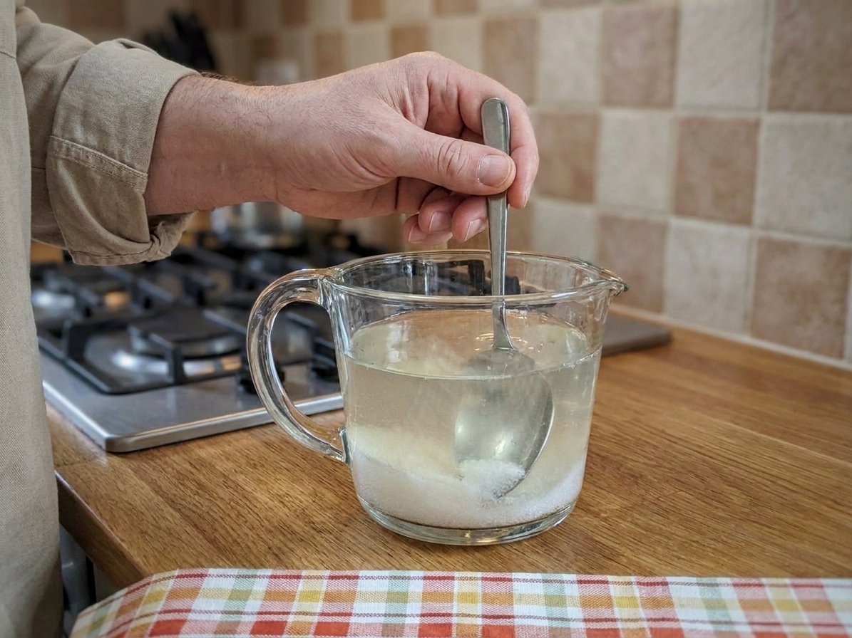 A measuring cup of pickling brine being stirred until the sugar and salt dissolve