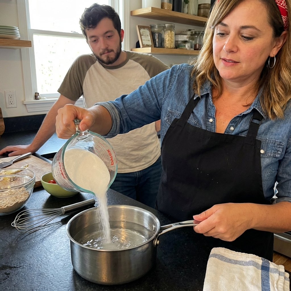 A measuring cup of white granulated sugar being poured into a small saucepan of water on a kitchen counter