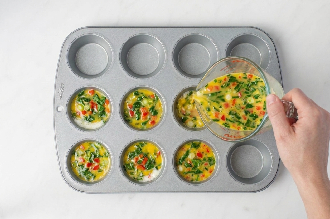 A measuring cup pouring egg and vegetable mixture into a muffin tin, with each cup filled about three-quarters full