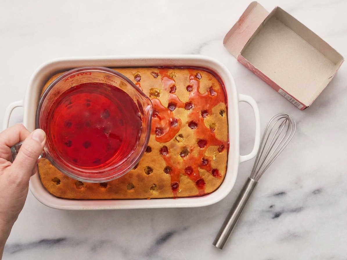 A measuring cup pouring strawberry gelatin mixture over a poked sheet cake so the liquid runs into the holes