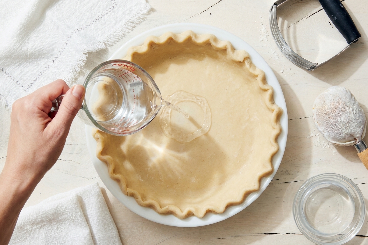 A measuring cup pouring water into an unbaked pie crust in a ceramic pie dish on a kitchen counter