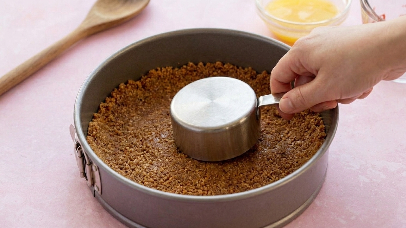 A measuring cup pressing graham cracker crust firmly into a springform pan on a kitchen counter