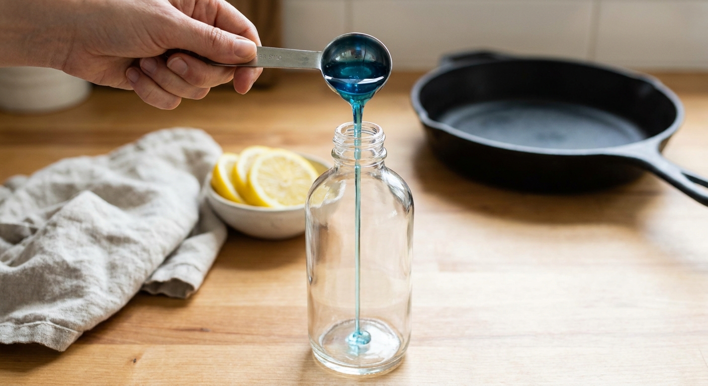 A measuring spoon pouring blue dish soap into an empty clear spray bottle on a kitchen counter