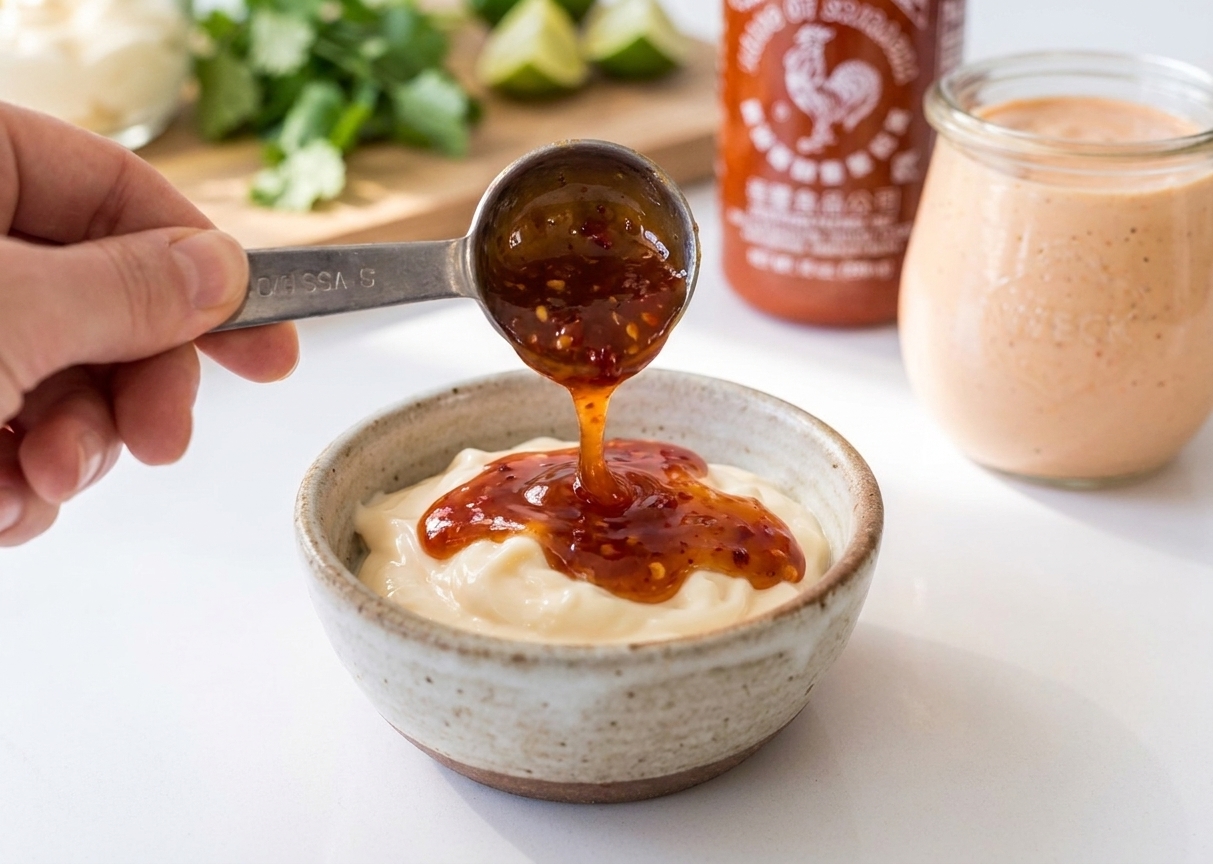 A measuring spoon pouring glossy sweet Thai chili sauce into a bowl of mayonnaise on a kitchen counter