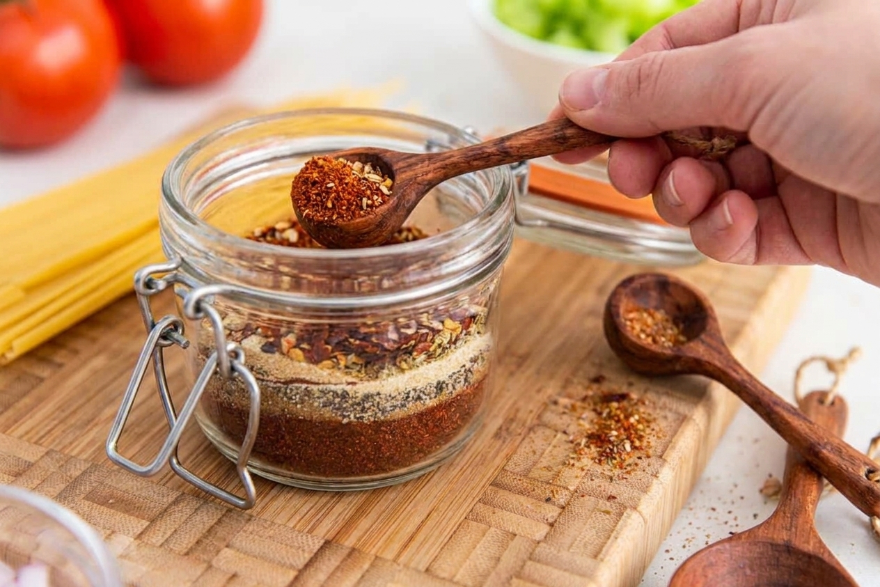 A measuring spoon scooping homemade taco seasoning from a small glass jar beside measuring spoons on a countertop