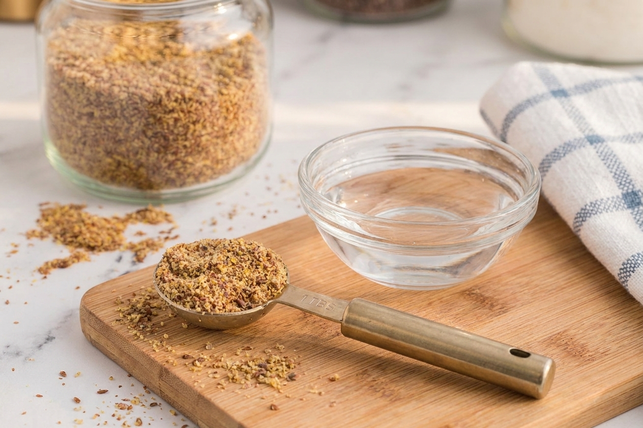 A measuring tablespoon filled with ground flaxseed resting on a wooden cutting board next to a small bowl of water