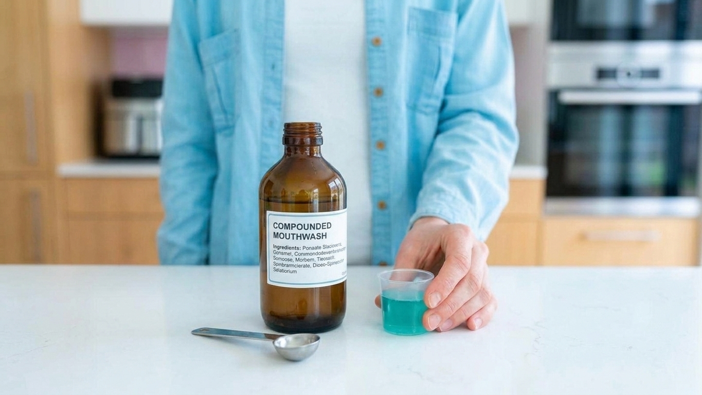 A measuring tool and a small medicine dosing cup set on a clean kitchen counter beside a pharmacy bottle
