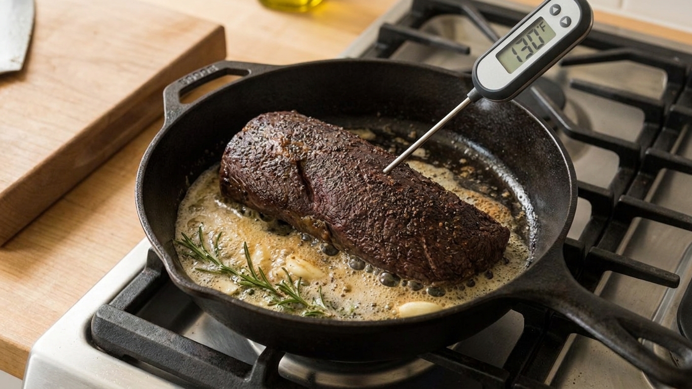 A meat thermometer inserted into the thickest part of a seared venison backstrap in a cast iron skillet, butter foaming around the edges on a stovetop