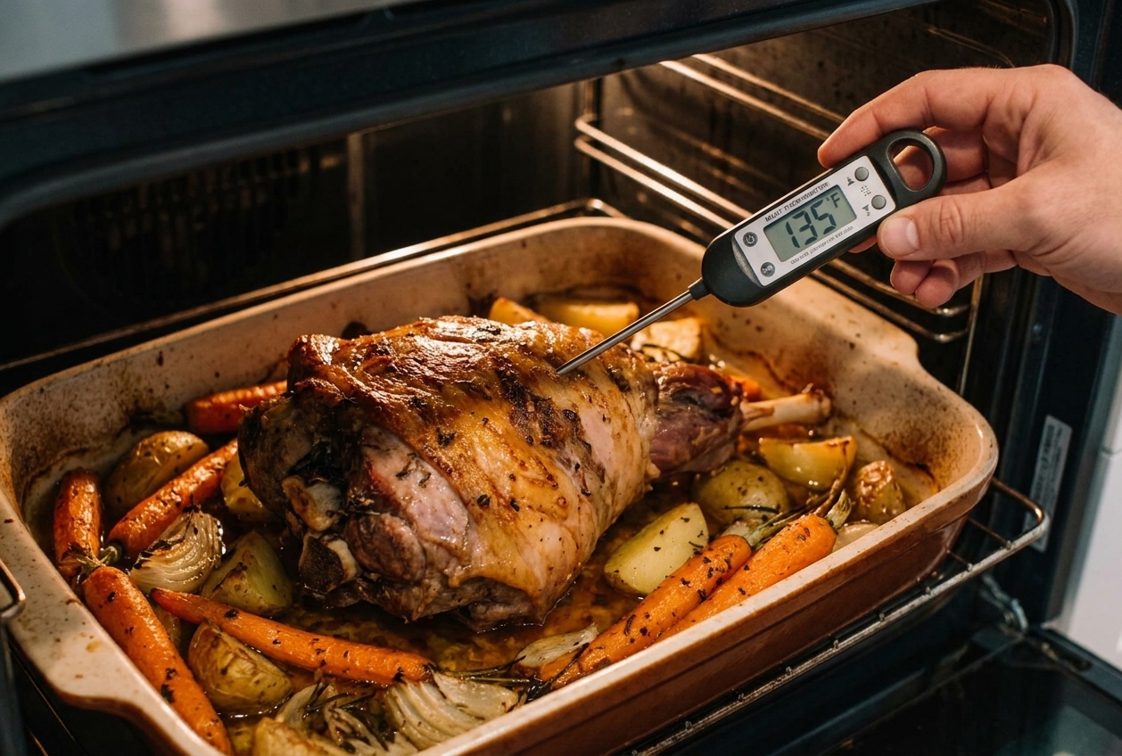 A meat thermometer inserted into the thickest part of a roasting lamb thigh, avoiding the bone, with vegetables roasting nearby in a home oven setting