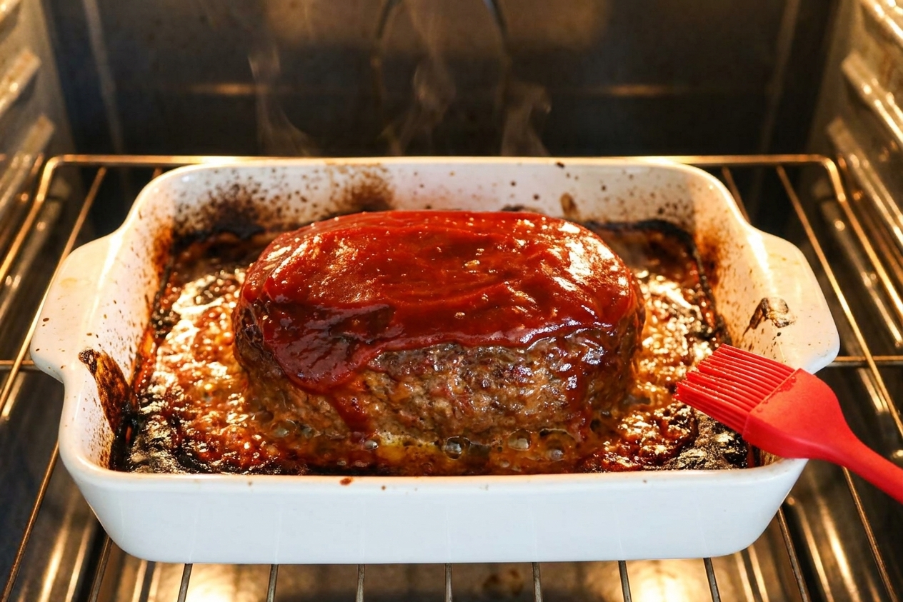 A meatloaf in a baking dish with sauce bubbling and caramelizing around the edges under warm oven light
