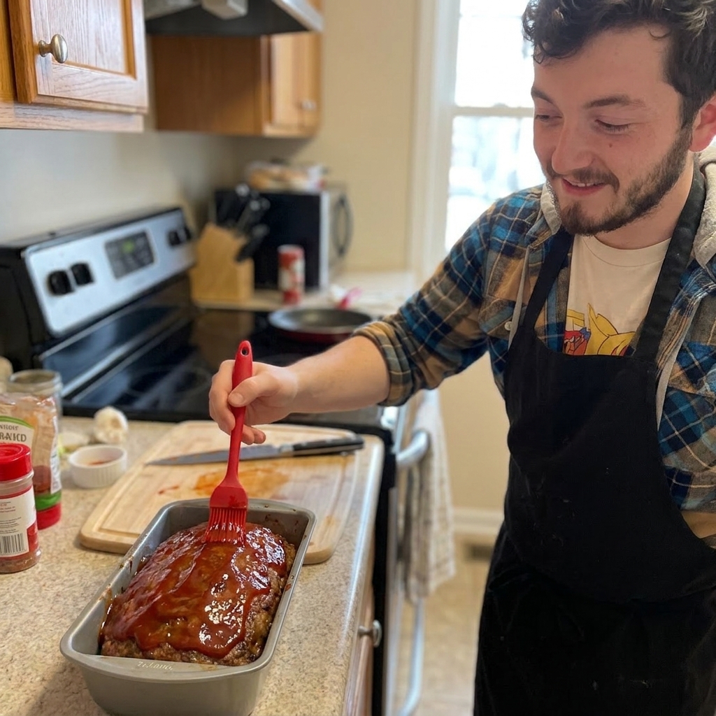 A meatloaf in a loaf pan being brushed with glossy ketchup glaze with a silicone brush, home kitchen lighting, real food photography
