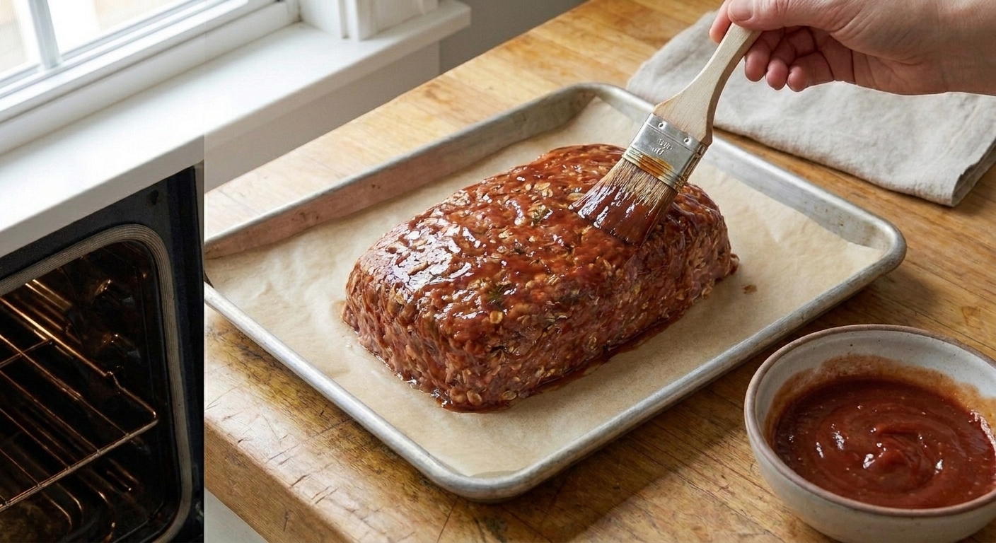 A meatloaf on a baking sheet being brushed with glossy ketchup glaze near an open oven door