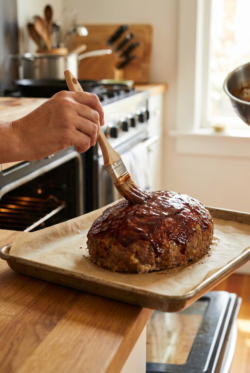 A meatloaf on a parchment-lined baking sheet being brushed with glossy glaze right before going back into the oven