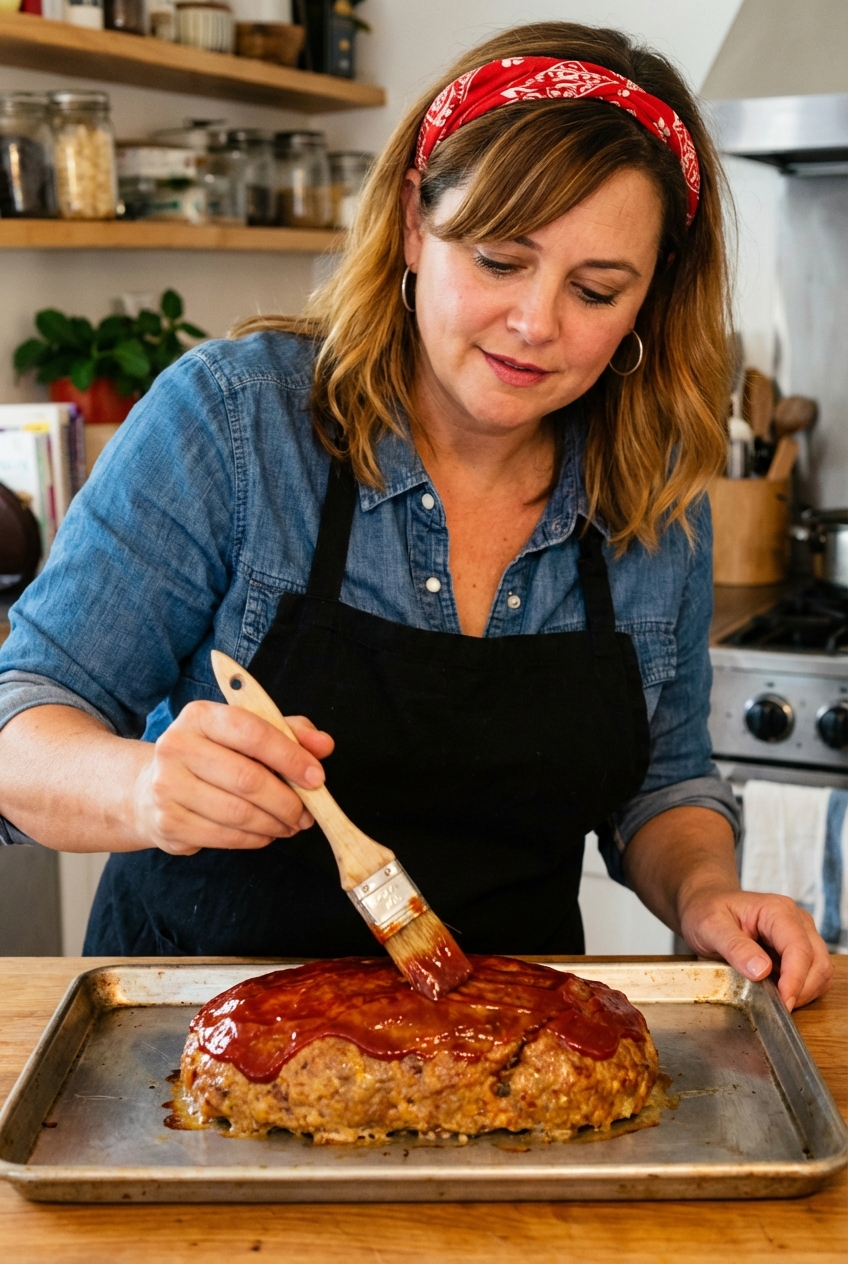A meatloaf on a sheet pan being brushed with glossy ketchup glaze using a pastry brush