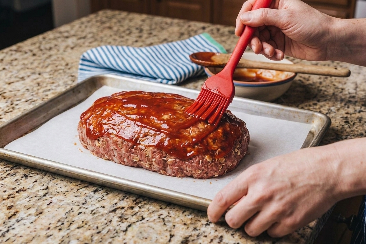 A meatloaf on a sheet pan being brushed with ketchup glaze using a silicone brush under warm kitchen lighting