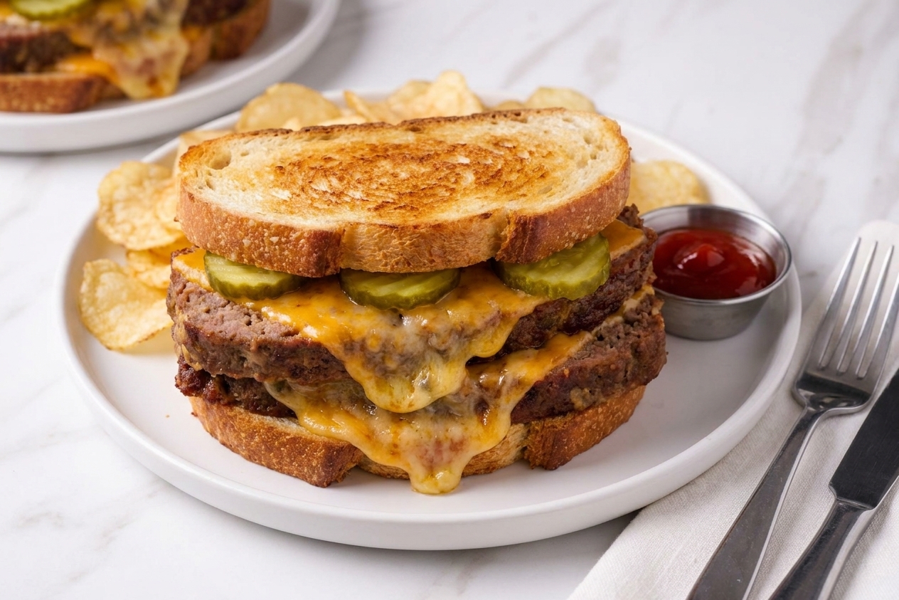A meatloaf sandwich with a slice of meatloaf, melted cheese, and pickles on toasted bread, served on a plate