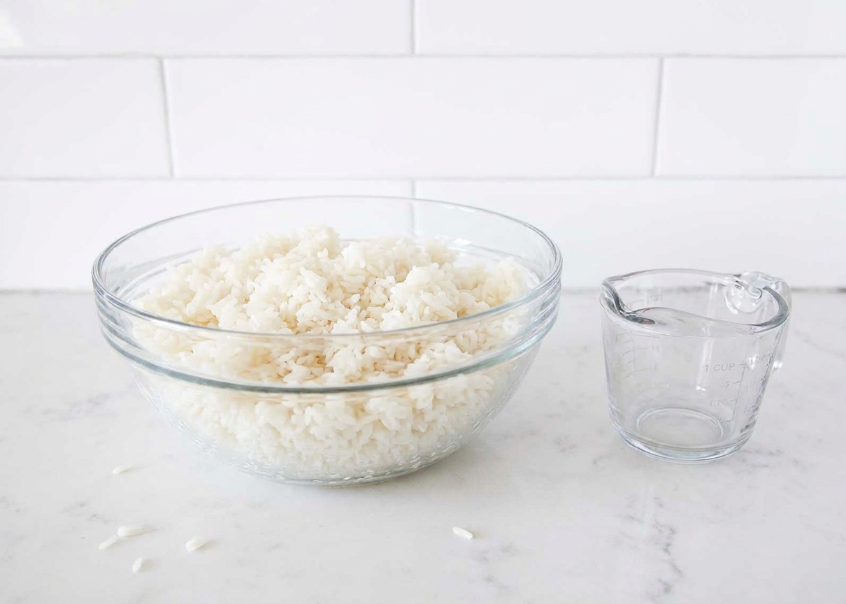 A medium bowl filled with chilled cooked white rice on a kitchen counter beside a small measuring cup