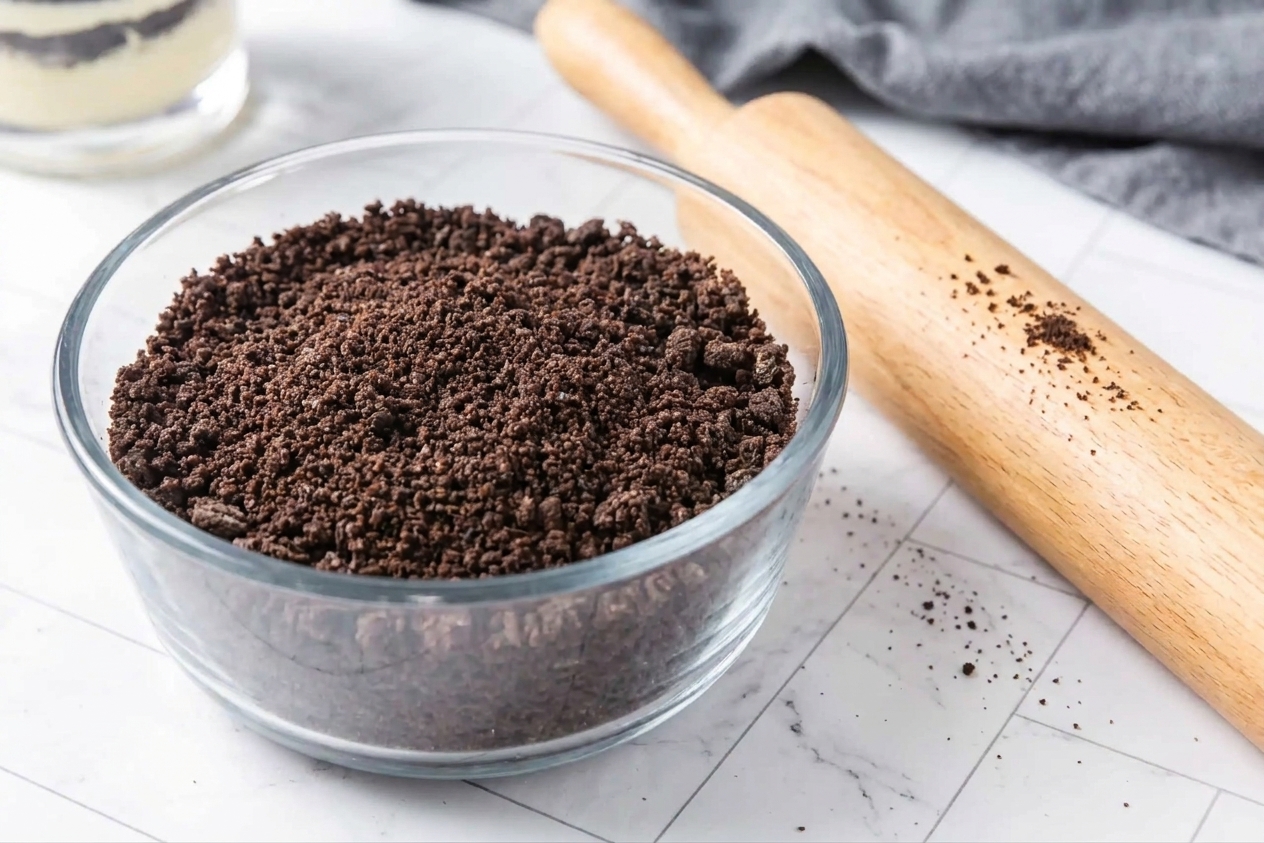 A medium bowl filled with finely crushed chocolate sandwich cookie crumbs on a kitchen counter next to a rolling pin