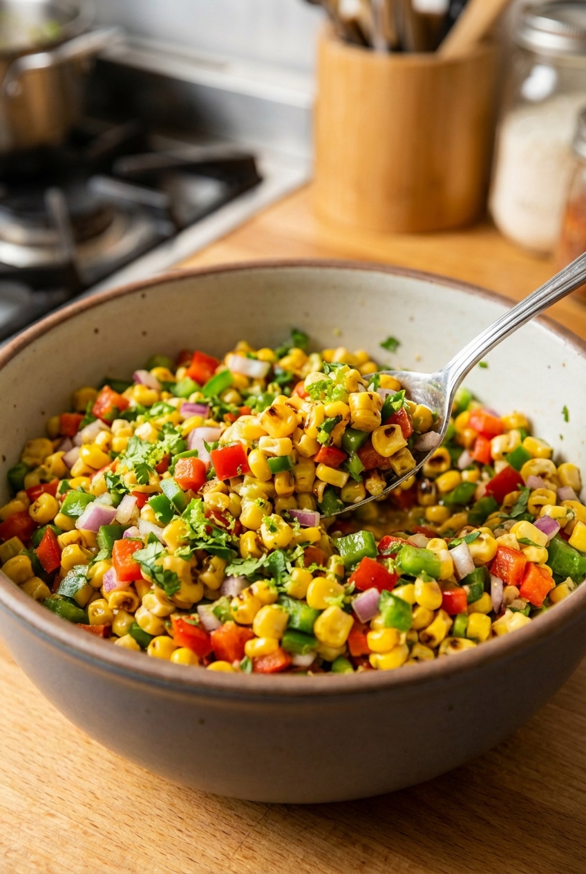 A medium bowl of corn salsa being stirred with a spoon, showing colorful diced vegetables and lime zest