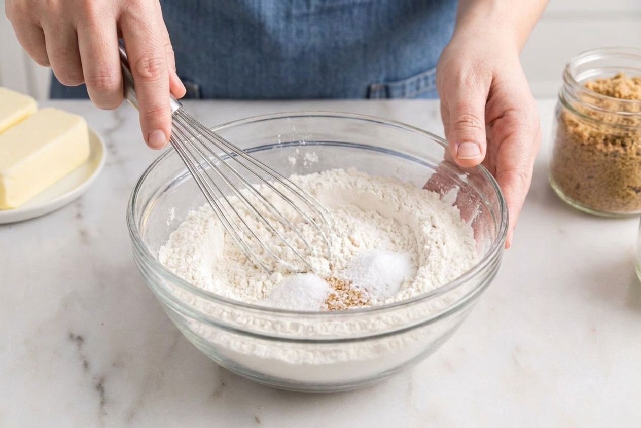A medium bowl with flour, baking soda, and salt being whisked together on a kitchen counter