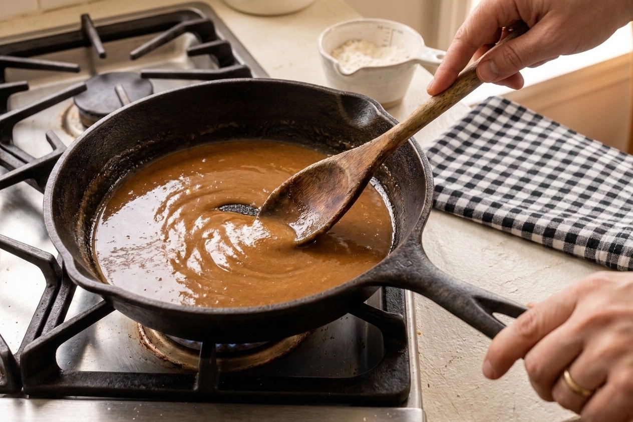 A medium-brown roux being stirred with a wooden spoon in a dark skillet on the stovetop
