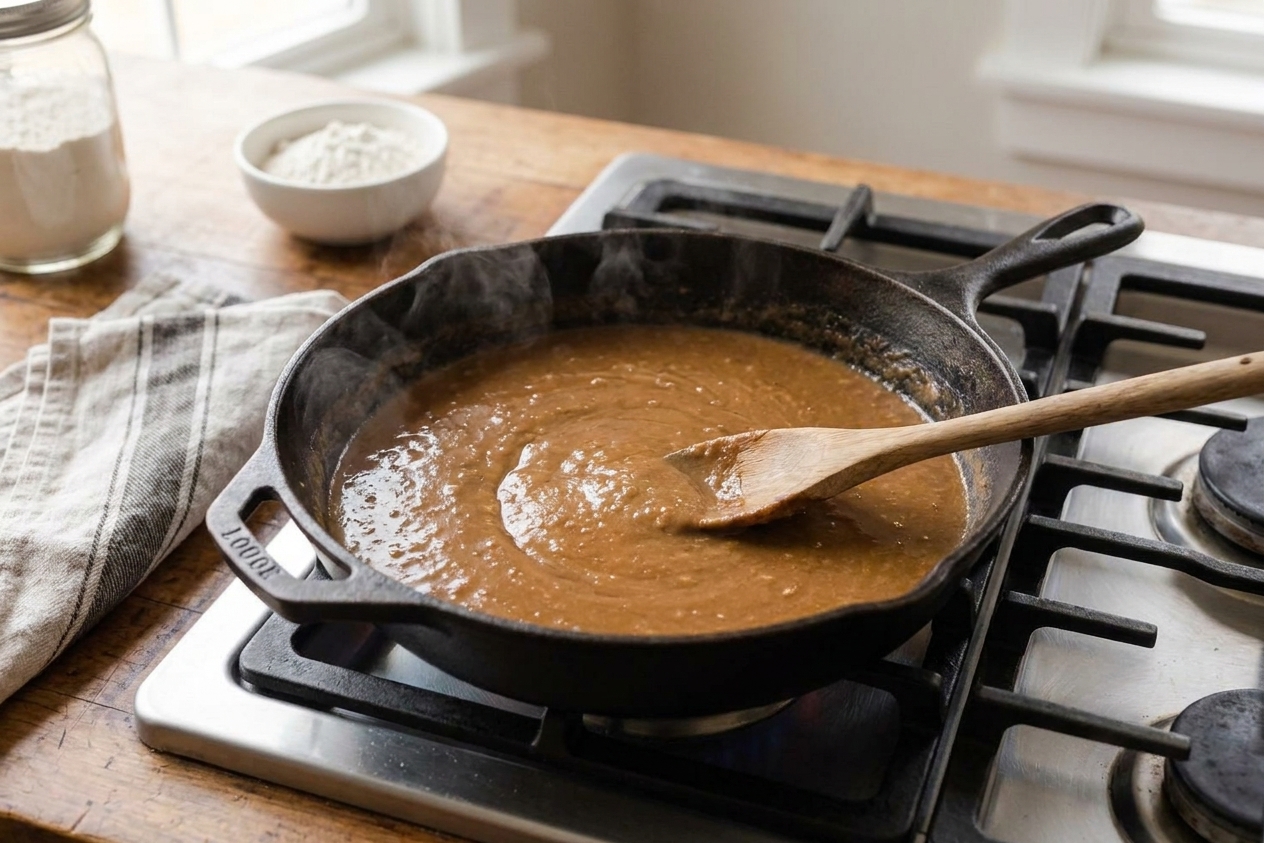 A medium-brown roux the color of peanut butter in a wide pan on a stovetop