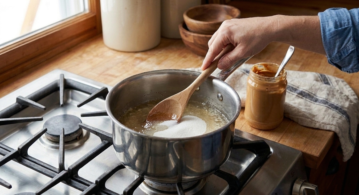 A medium saucepan on a stove with corn syrup and sugar ready to heat, with a jar of peanut butter nearby on the counter