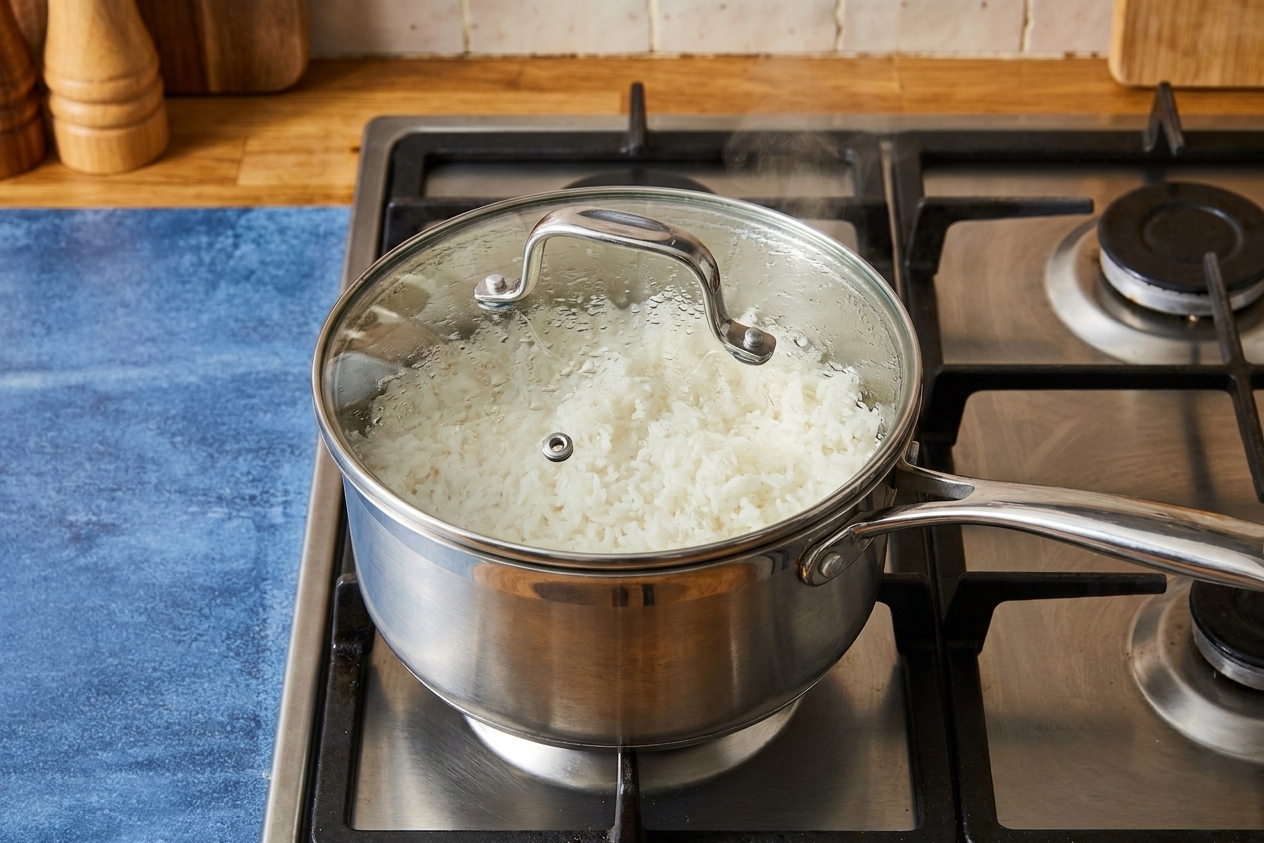A medium saucepan on a stove with white rice cooking under a lid, steam rising as the pot rests after simmering in a warm home kitchen