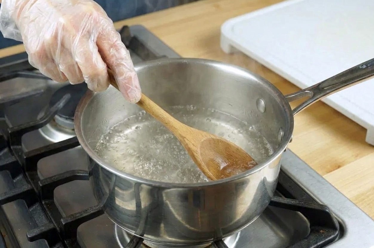 A medium saucepan on a stovetop with a simmering vinegar and sugar mixture being stirred with a wooden spoon