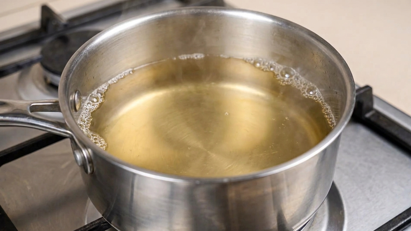 A medium saucepan on a stovetop with pale golden dashi gently steaming, small bubbles forming at the edges