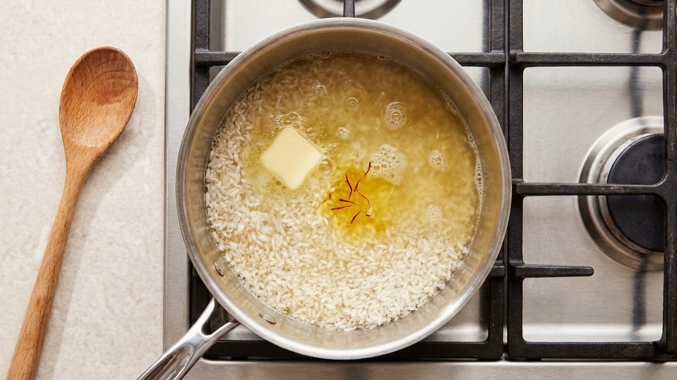 A medium saucepan on a stovetop with rinsed rice inside, a wooden spoon resting nearby on a clean counter, warm indoor kitchen light