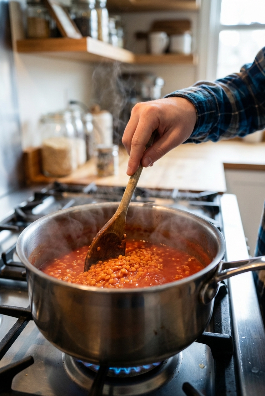 A medium saucepan on the stove with red lentils simmering in a reddish tomato sauce while a wooden spoon stirs