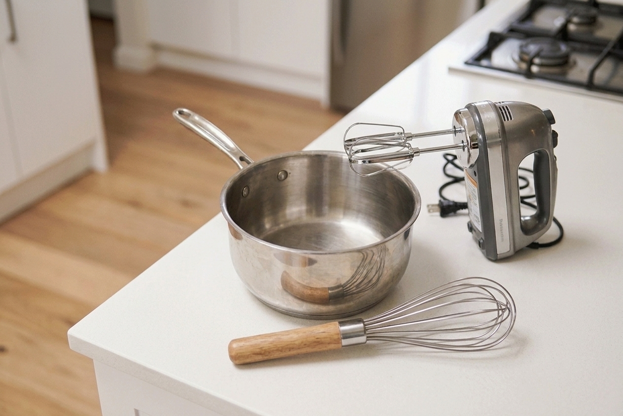 A medium stainless saucepan, whisk, and handheld mixer arranged on a tidy kitchen counter