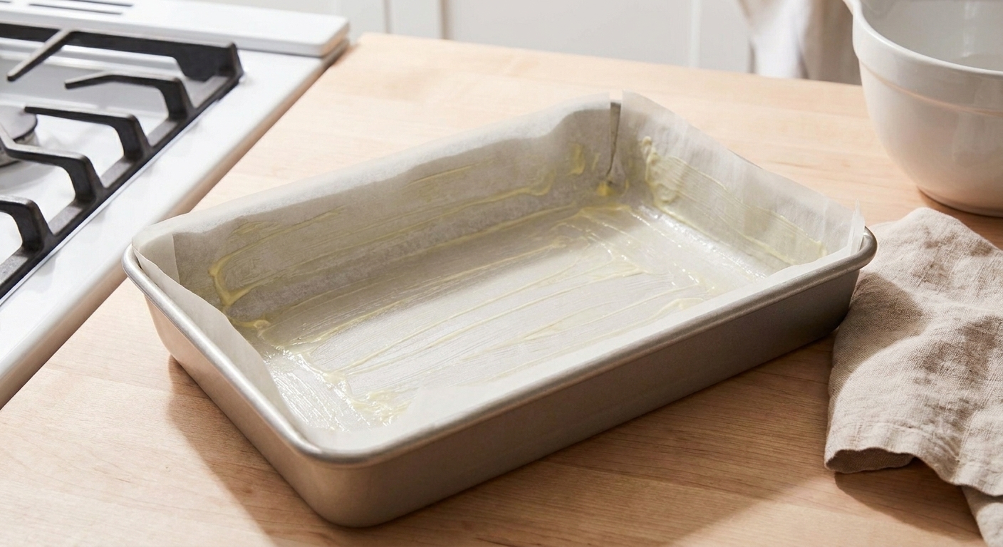 A metal 9x13 baking pan lined and greased on a bright kitchen counter, ready for ooey gooey butter cake