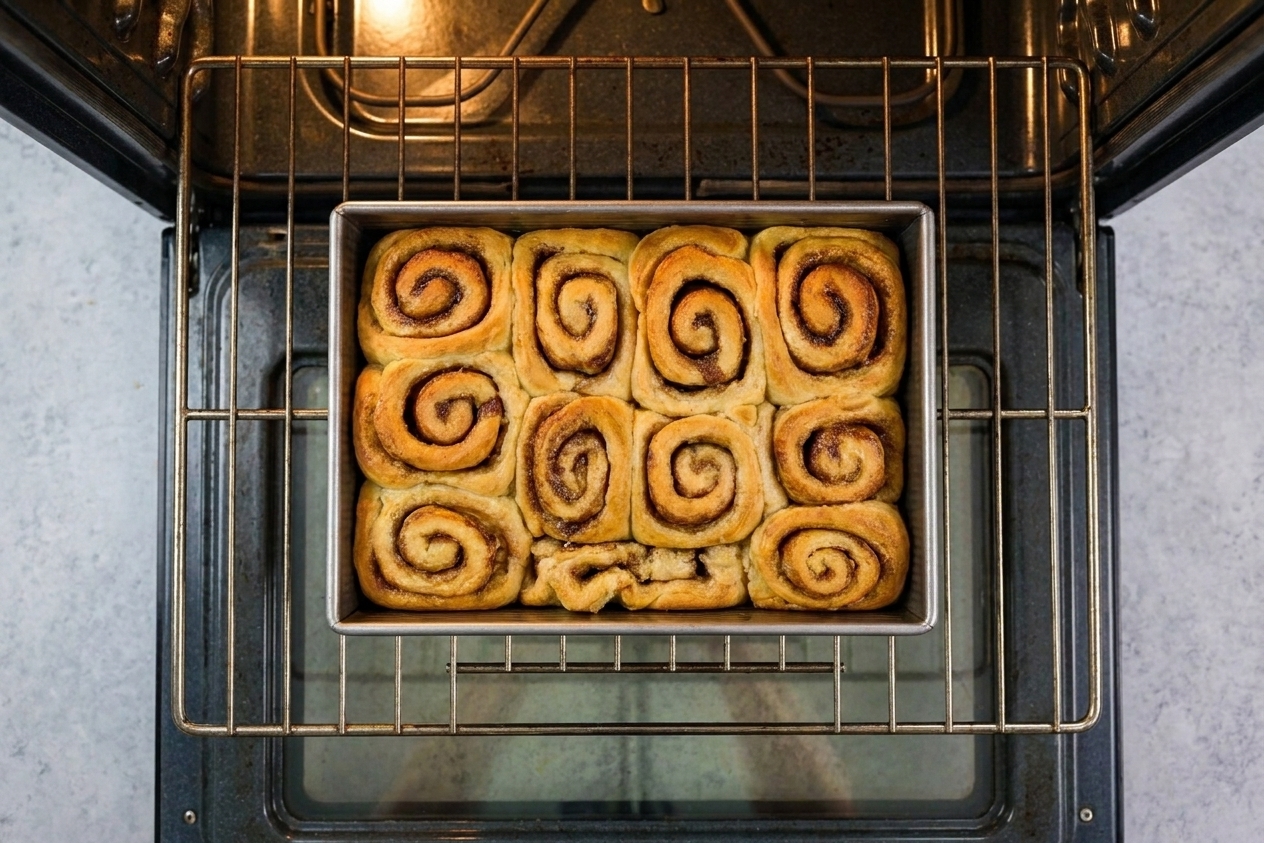 A metal baking dish of cinnamon rolls on an oven rack with rolls rising and turning golden