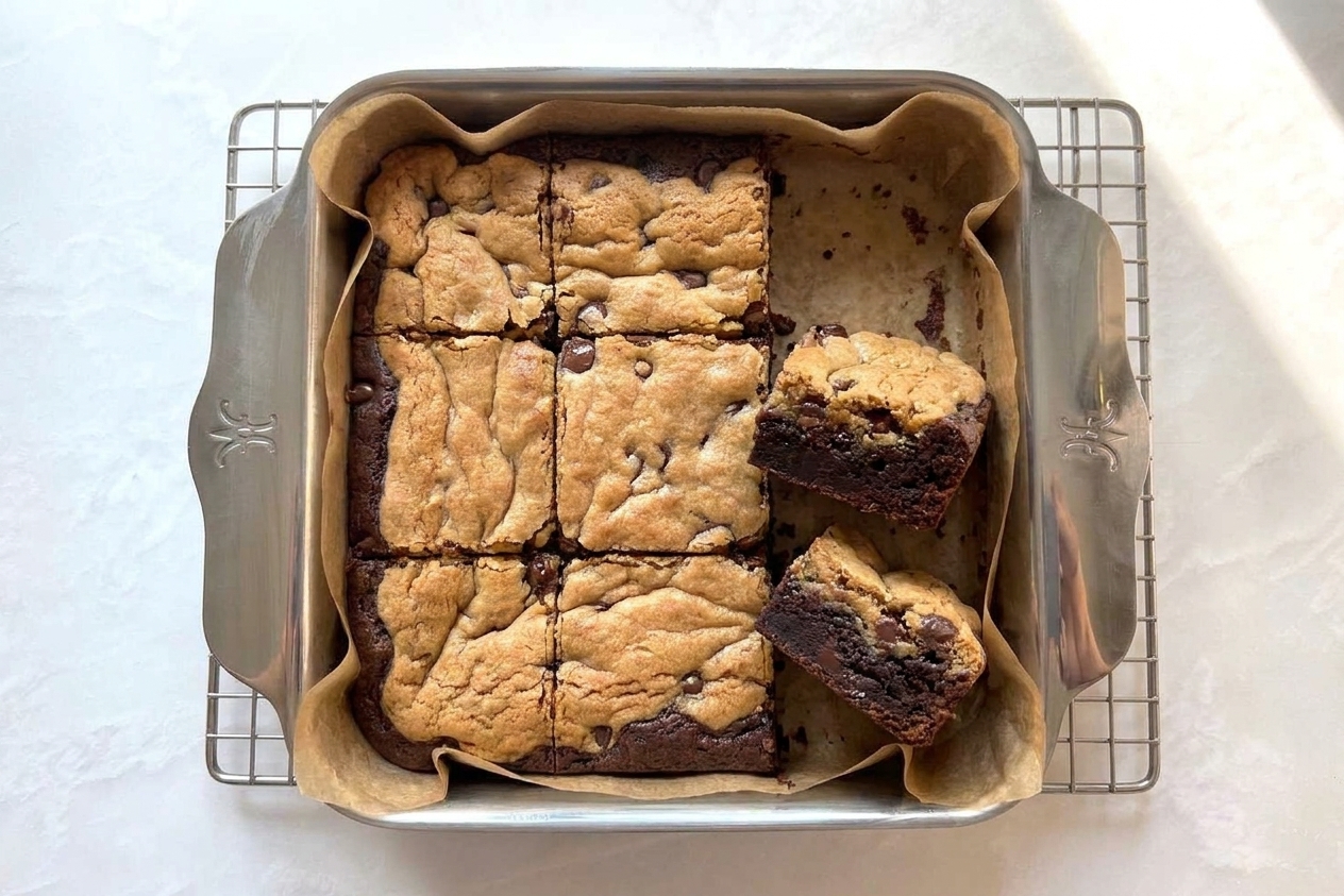 A metal baking pan filled with brookies, showing a fudgy brownie layer and a golden chocolate chip cookie top with a few bars cut out on a parchment-lined counter