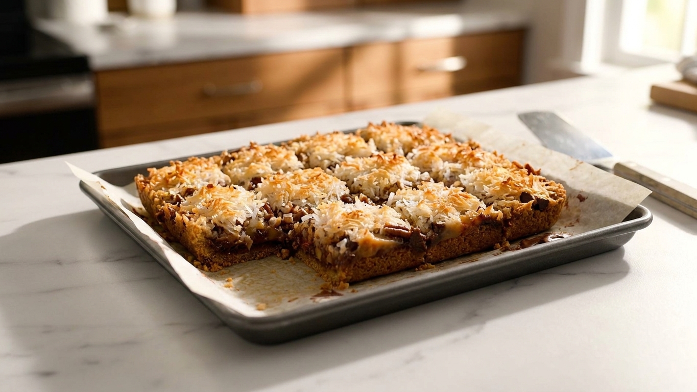 A metal baking pan filled with golden brown seven layer bars, coconut toasted on top, cut into neat squares on a warm kitchen counter
