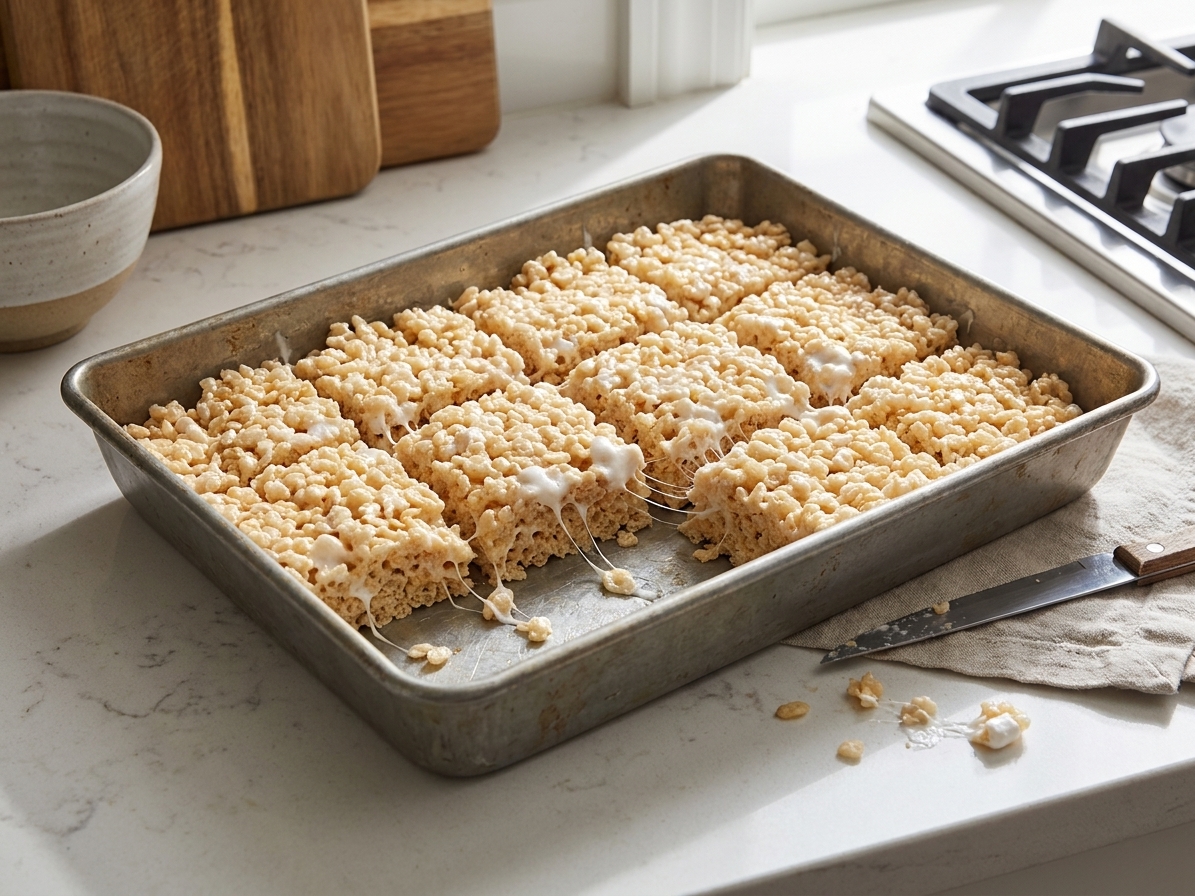A metal baking pan filled with gooey crispy rice cereal treats cut into squares on a light kitchen counter