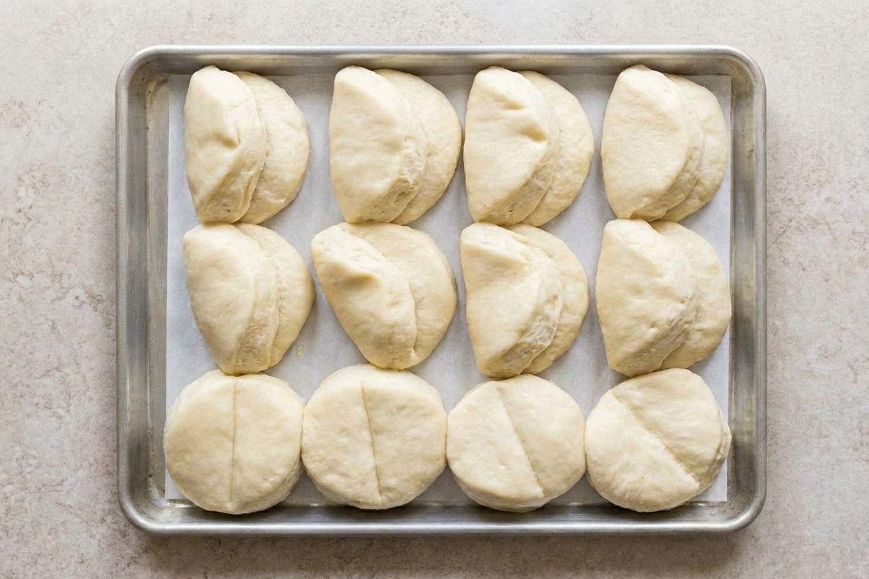 A metal baking pan filled with risen folded Parker House rolls ready to go into the oven
